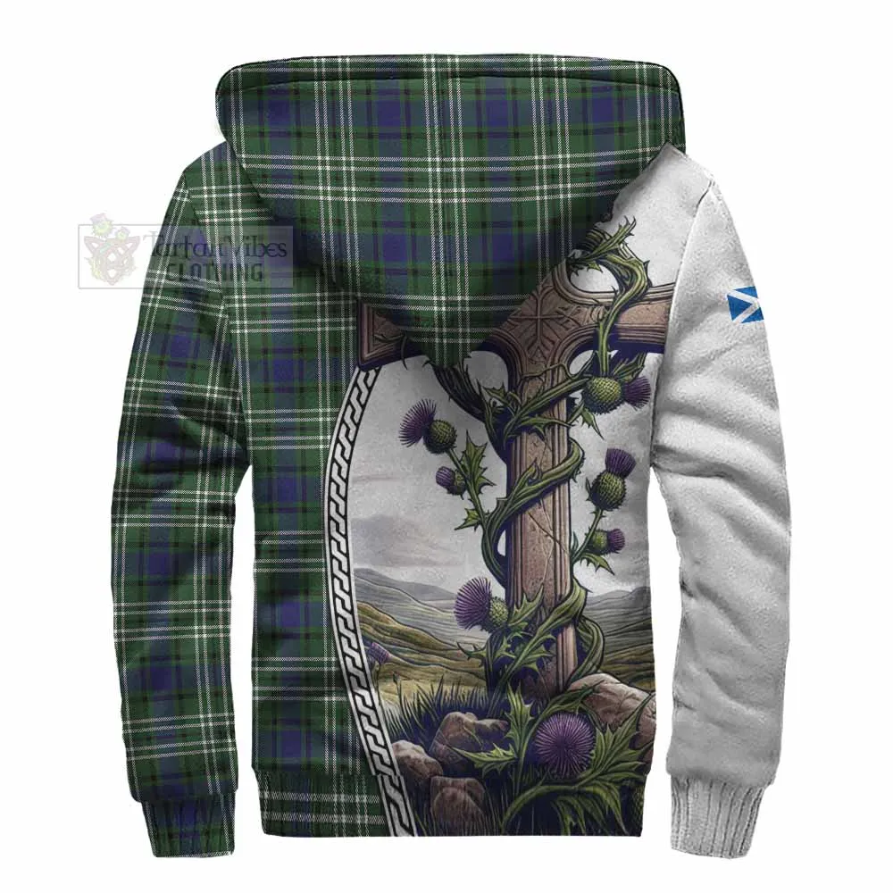 Blyth Tartan Sherpa Hoodie with Family Crest and St. Andrew's Cross Accented by Thistle Vines