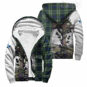 Blyth Tartan Sherpa Hoodie with Family Crest and St. Andrew's Cross Accented by Thistle Vines