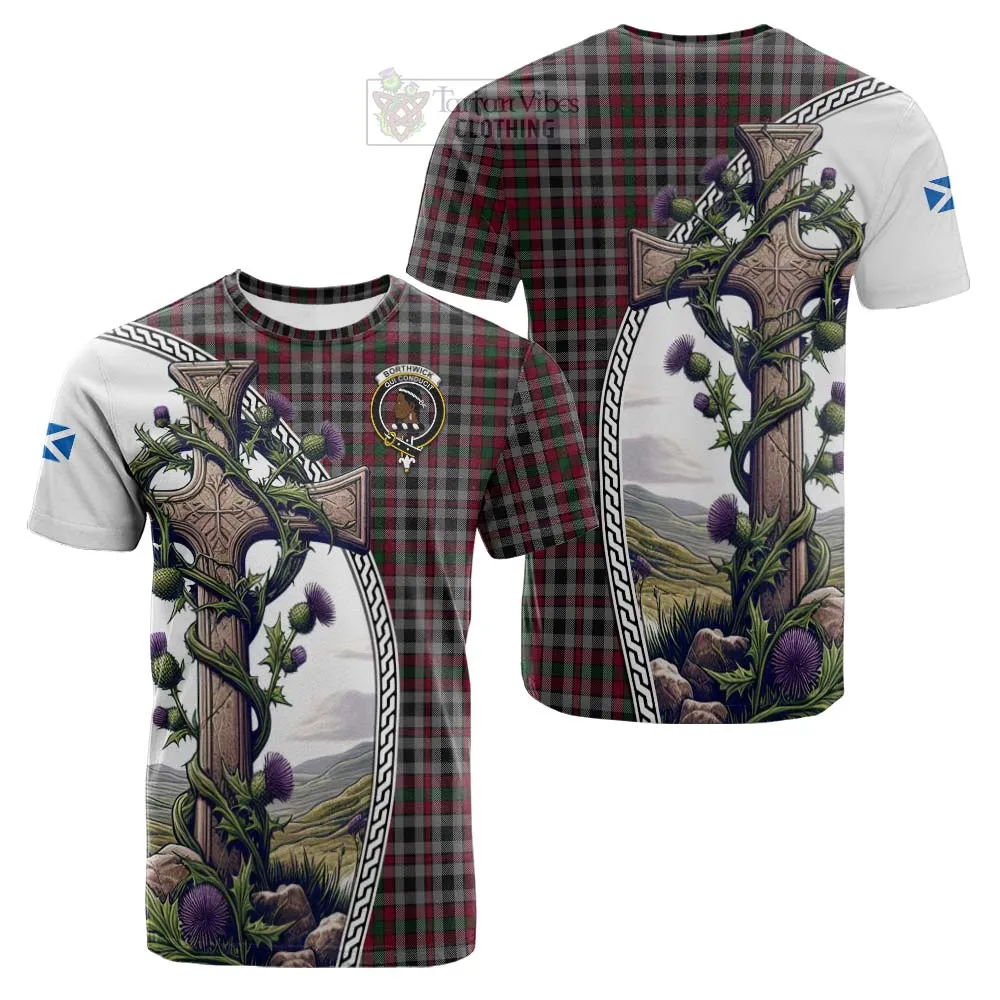 Borthwick Tartan Cotton T-shirt with Family Crest and St. Andrew's Cross Accented by Thistle Vines