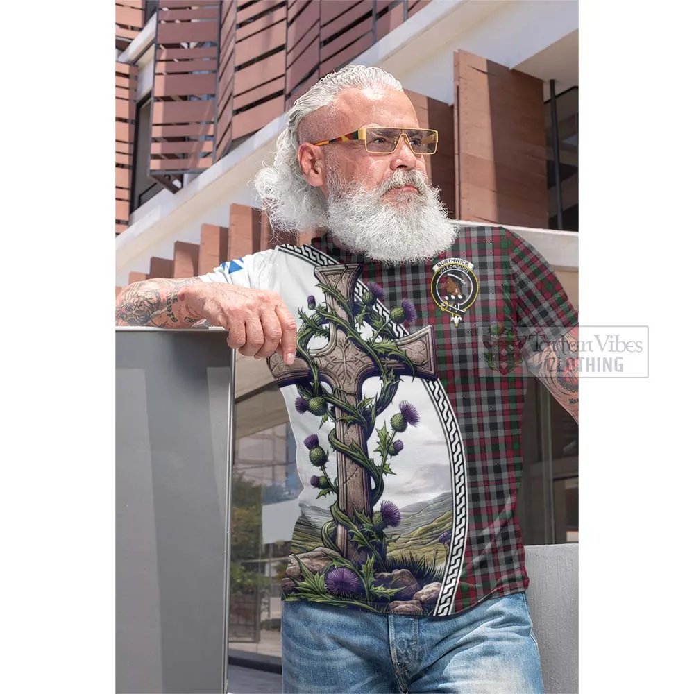 Borthwick Tartan Cotton T-shirt with Family Crest and St. Andrew's Cross Accented by Thistle Vines