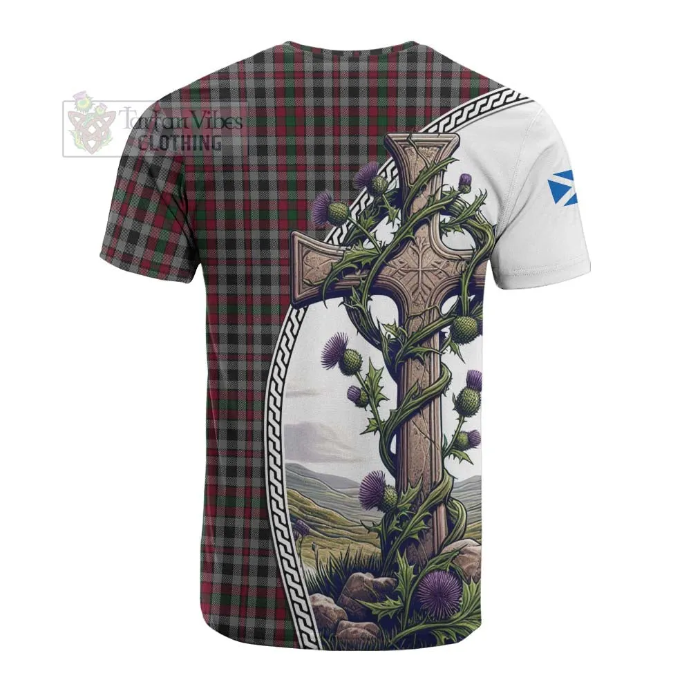 Borthwick Tartan Cotton T-shirt with Family Crest and St. Andrew's Cross Accented by Thistle Vines