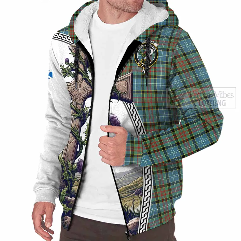 Brisbane Tartan Sherpa Hoodie with Family Crest and St. Andrew's Cross Accented by Thistle Vines