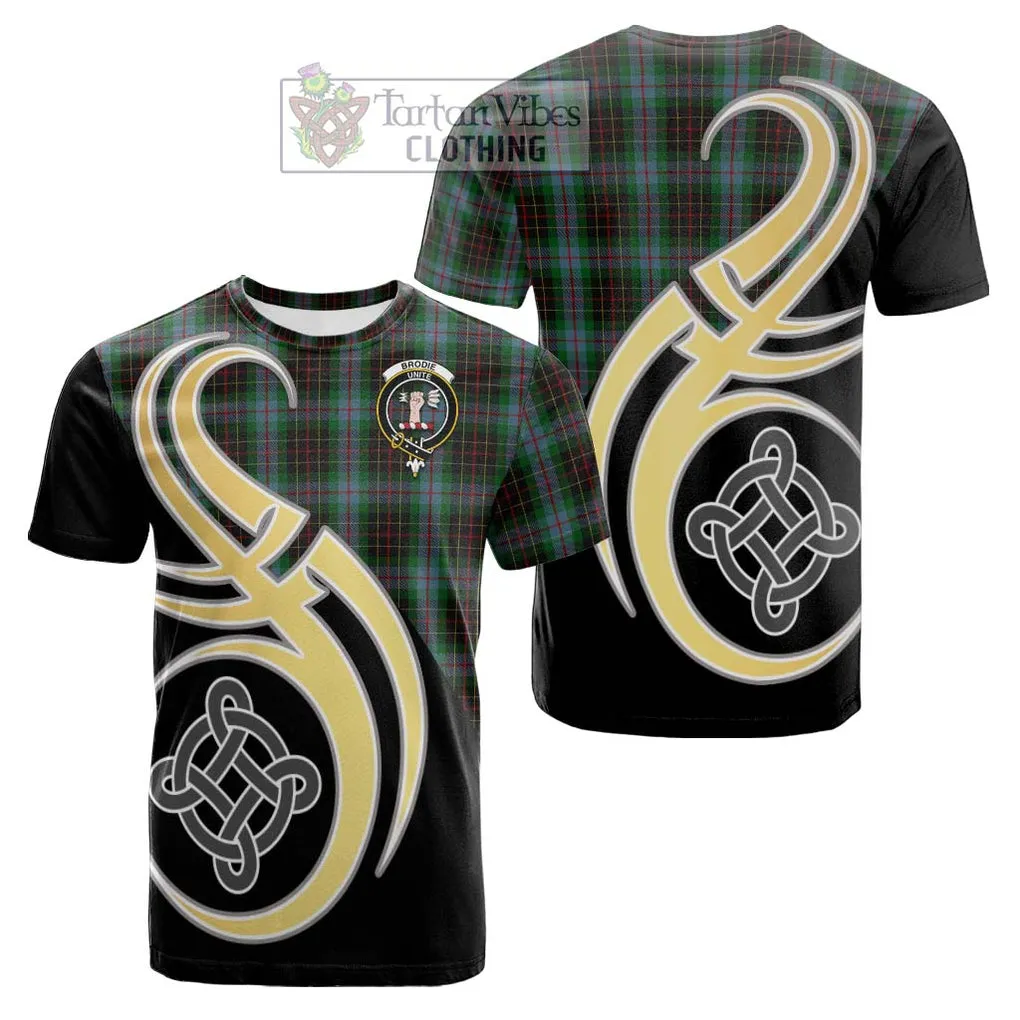 Brodie Hunting Tartan Cotton T-shirt with Family Crest and Celtic Symbol Style