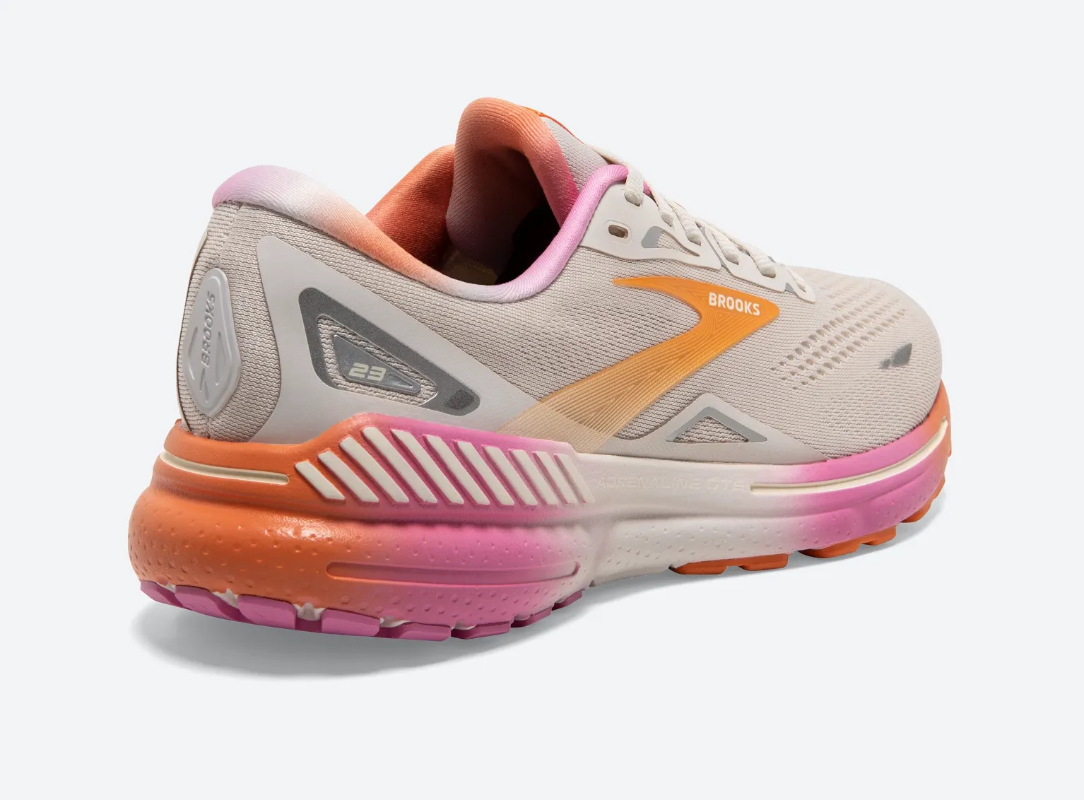 Brooks Womens Adrenaline GTS 23- White Sand/Sunset/Fuchsia (1203811B117)