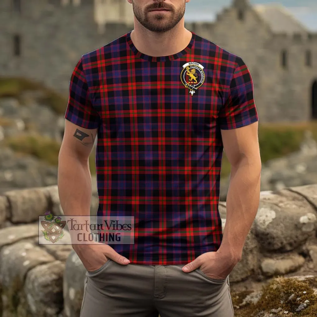 Brown (Broun) Tartan Cotton T-Shirt with Family Crest