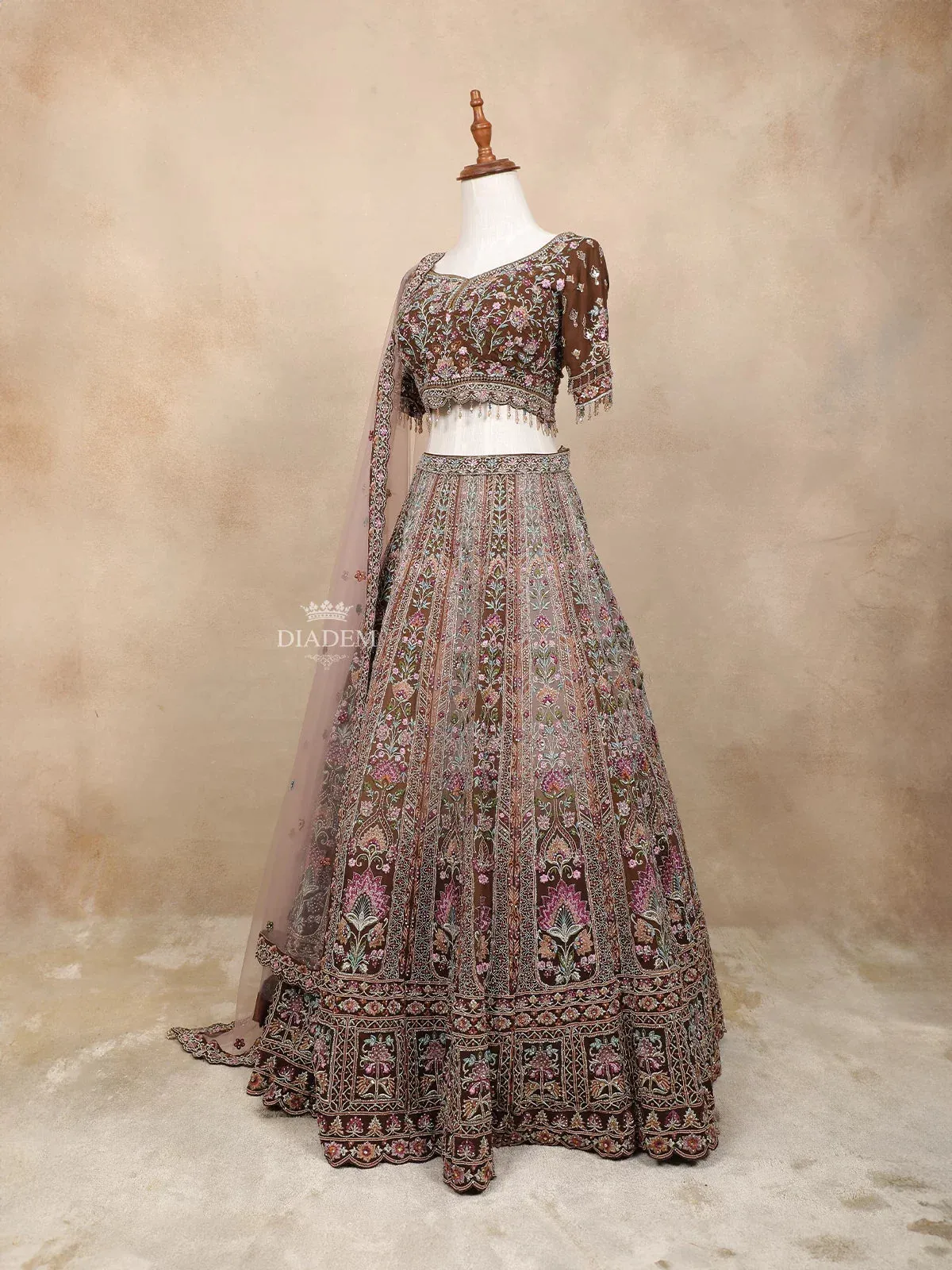 Brown Georgette Lehenga Embellished with Stones and Threadwork Embroidery Paired with Dupatta