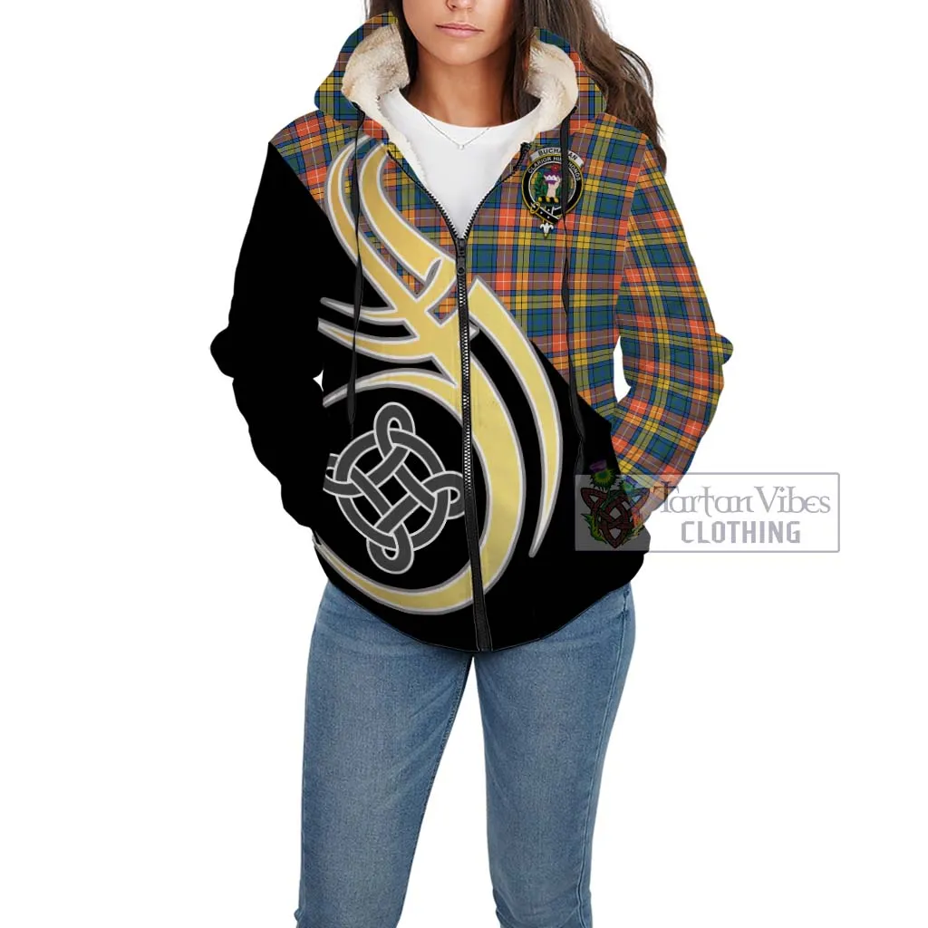 Buchanan Ancient Tartan Sherpa Hoodie with Family Crest and Celtic Symbol Style