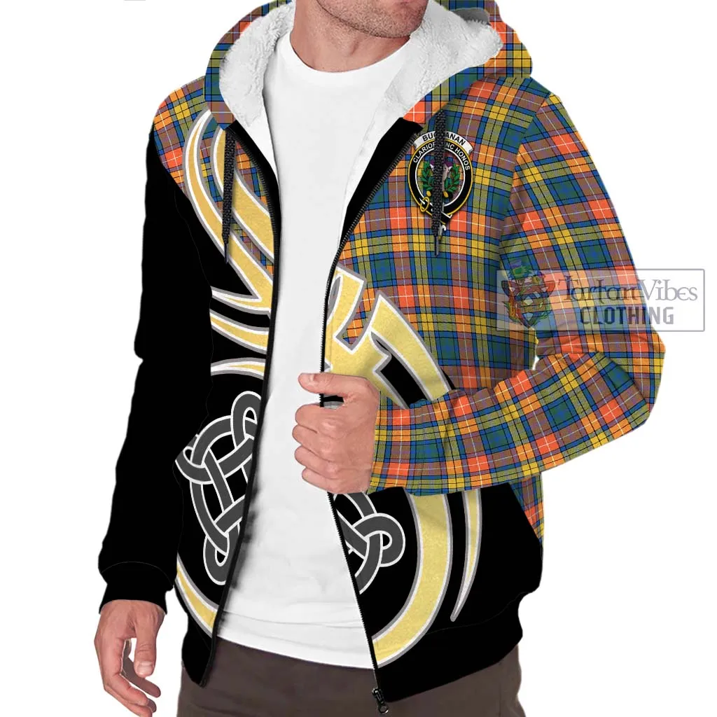 Buchanan Ancient Tartan Sherpa Hoodie with Family Crest and Celtic Symbol Style