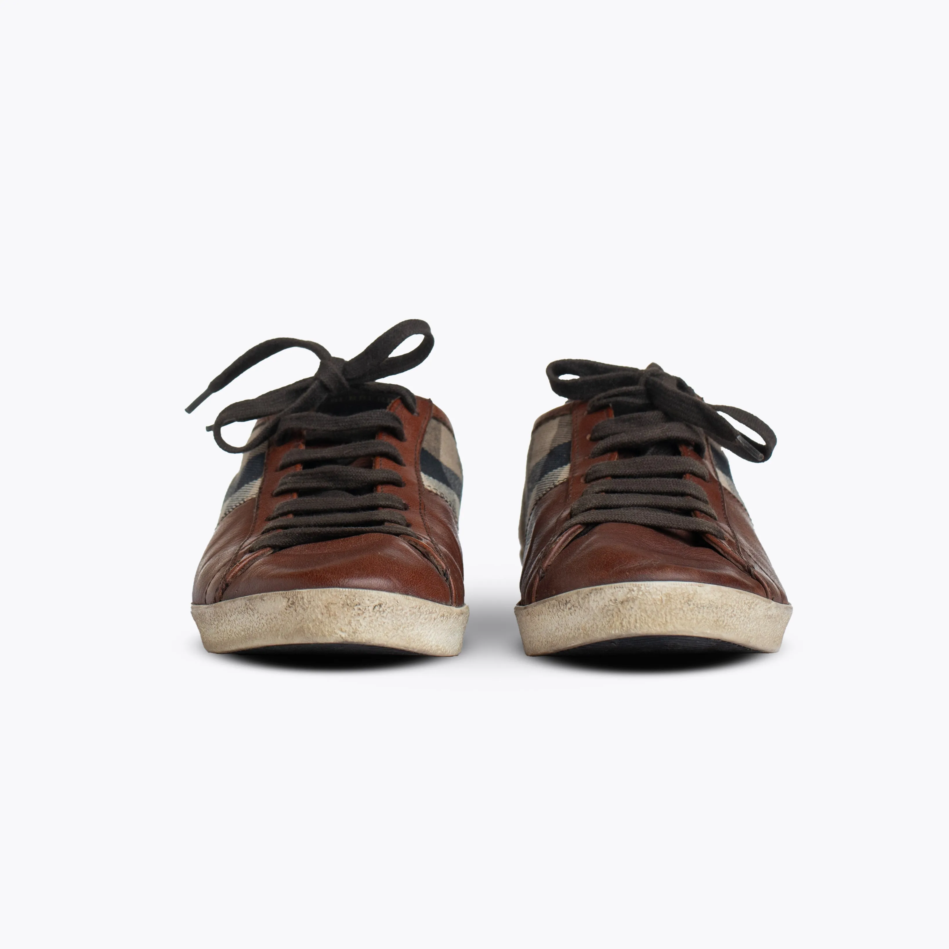 BURBERRY BROWN LEATHER AND NOVA CHECK CANVAS LOW TOP