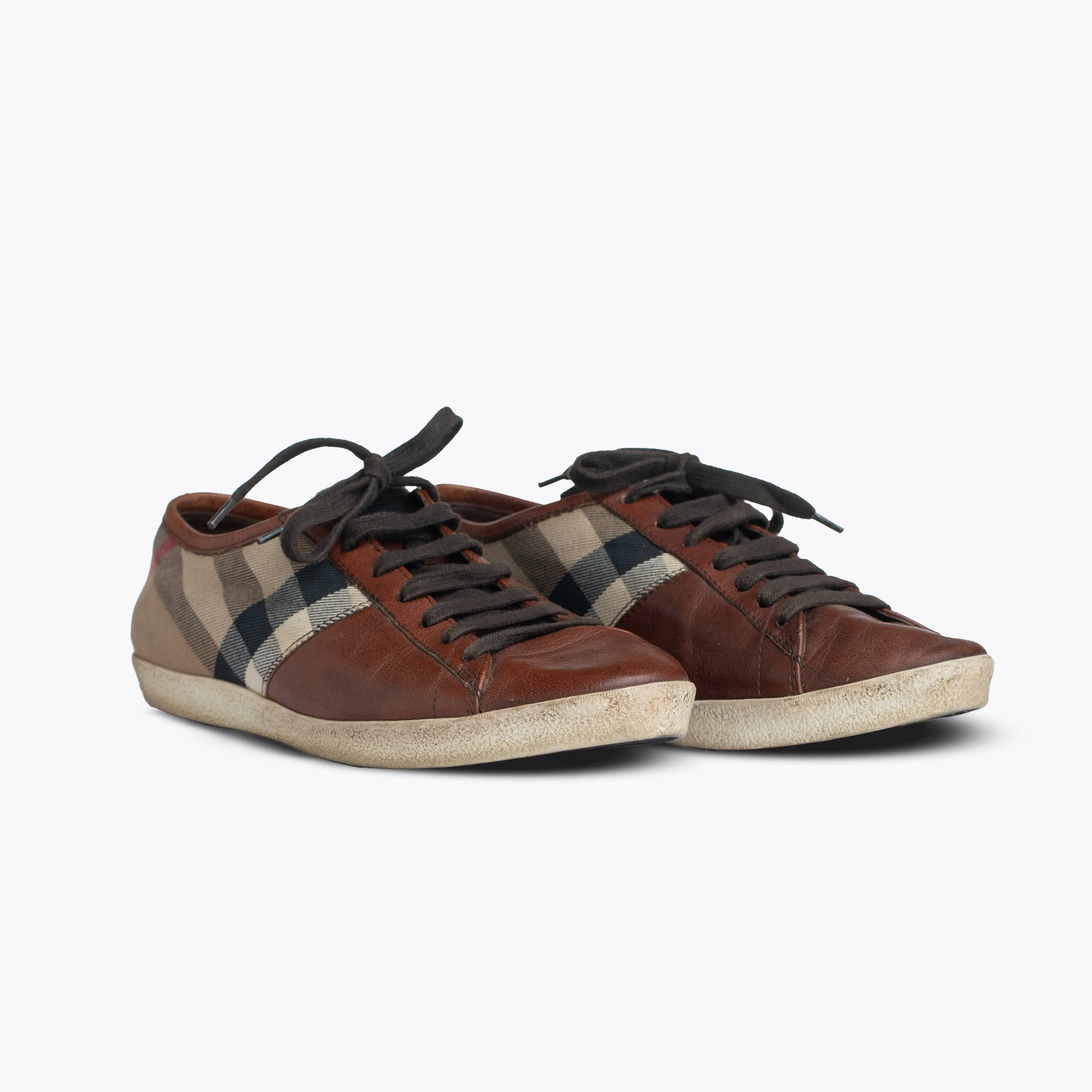 BURBERRY BROWN LEATHER AND NOVA CHECK CANVAS LOW TOP