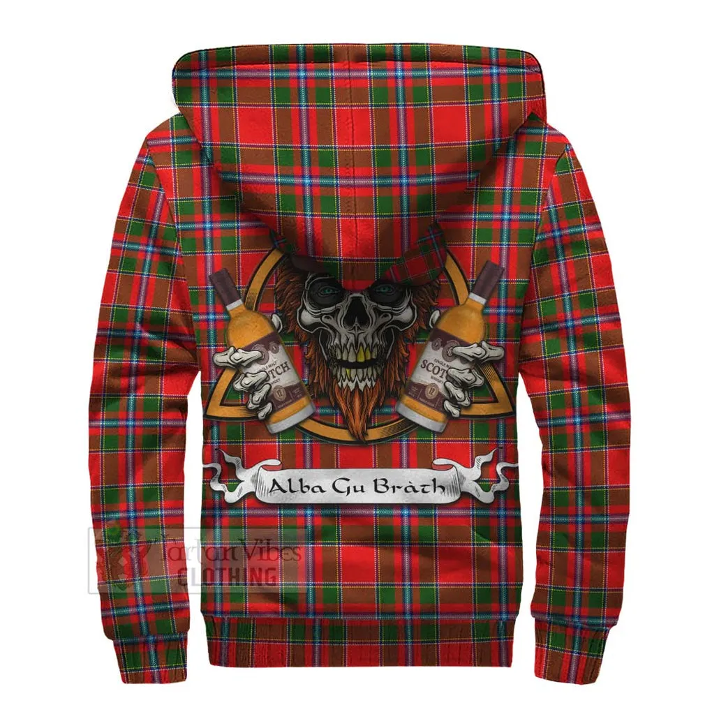 Butter Tartan Sherpa Hoodie with Family Crest and Bearded Skull Holding Bottles of Whiskey