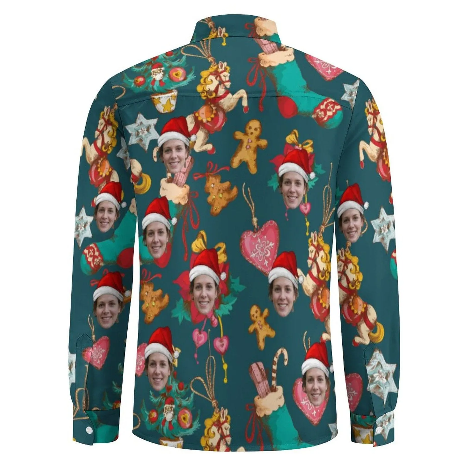 Custom Face Doll Christmas Elements Hawaiian Shirts Men's Long Sleeve Shirt Personalized Face Shirt Gift for Him