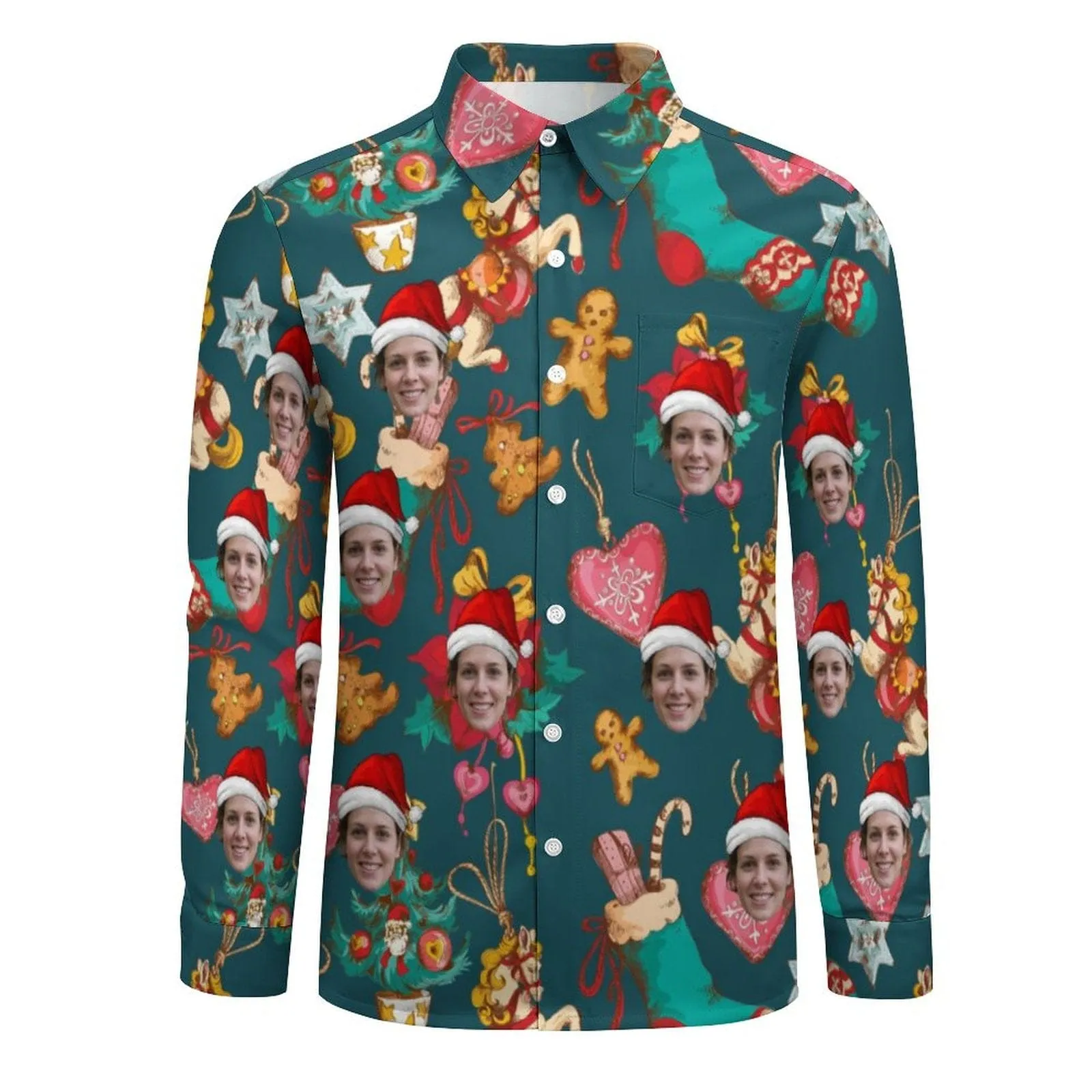 Custom Face Doll Christmas Elements Hawaiian Shirts Men's Long Sleeve Shirt Personalized Face Shirt Gift for Him