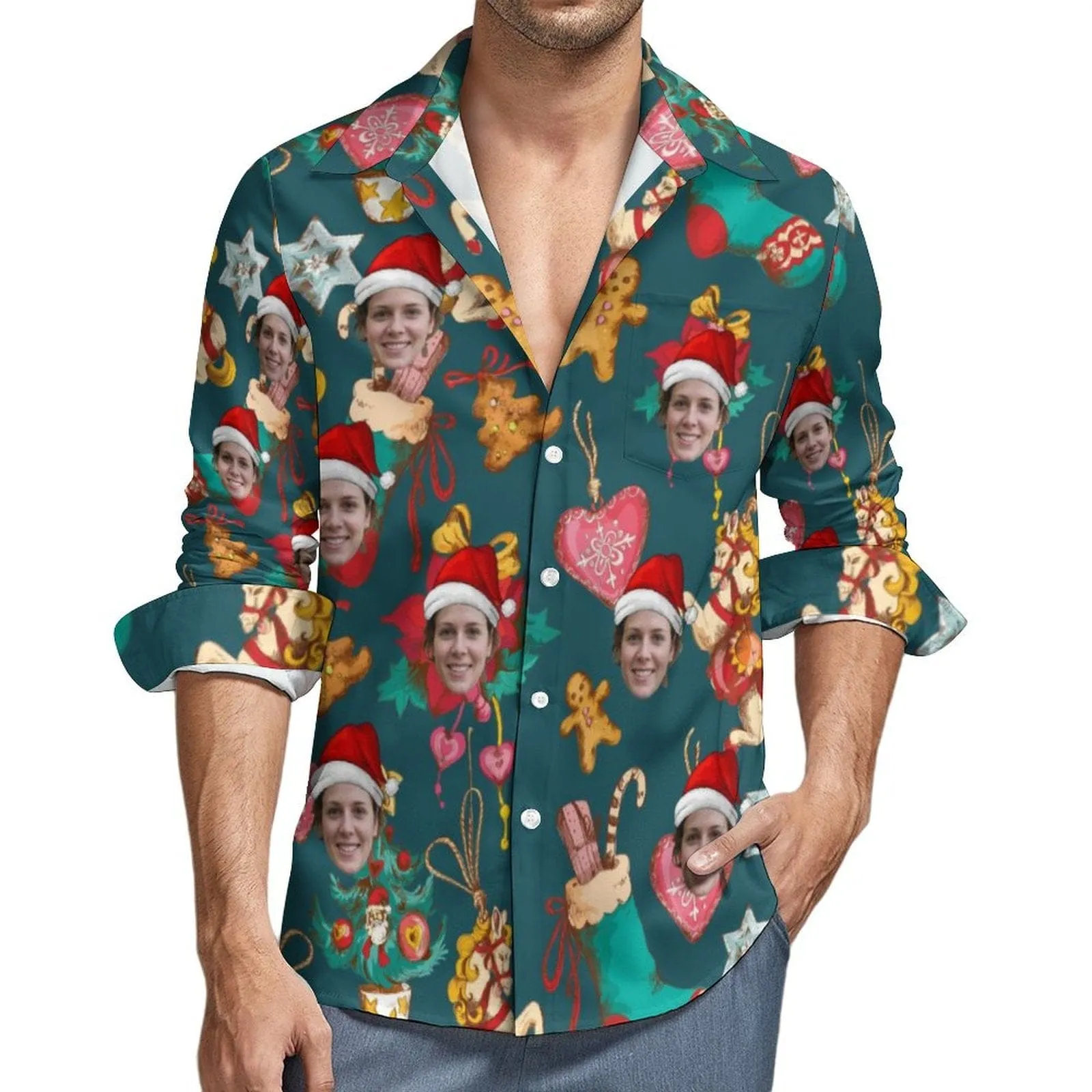 Custom Face Doll Christmas Elements Hawaiian Shirts Men's Long Sleeve Shirt Personalized Face Shirt Gift for Him