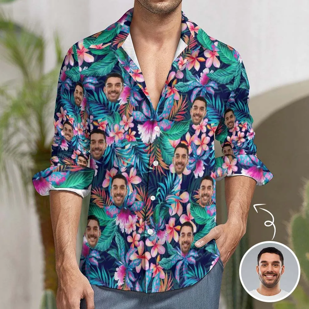 Custom Face Flower Tropical Printing Personalized Shirts Personalise Photo Long Sleeve Shirt Put Your Face on Custom Shirt