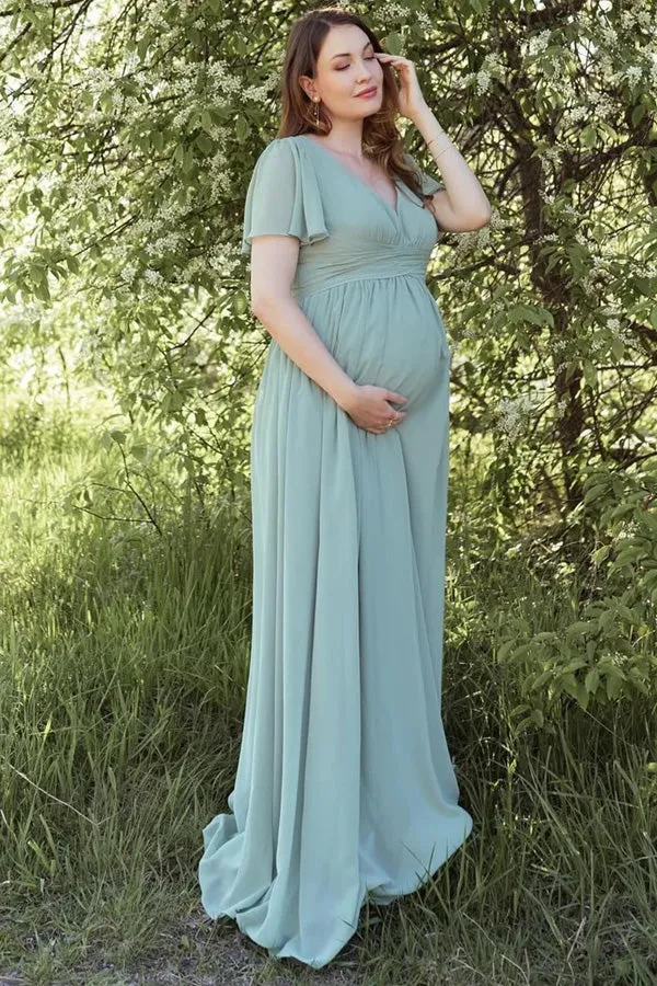 Dusty Sage V-Neck Maternity Bridesmaid Dress with Flared Sleeves BD129