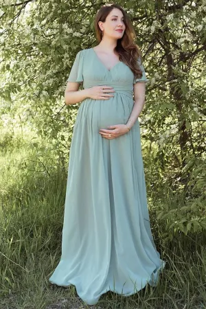 Dusty Sage V-Neck Maternity Bridesmaid Dress with Flared Sleeves BD129