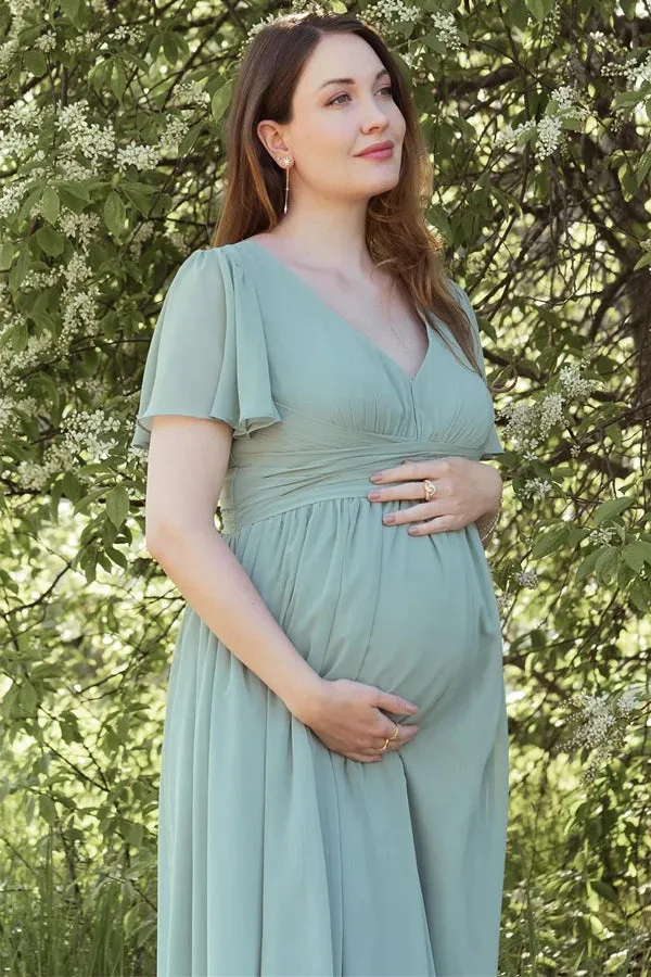 Dusty Sage V-Neck Maternity Bridesmaid Dress with Flared Sleeves BD129