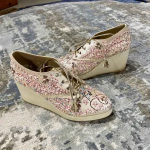 Gold With Pink Embroidery Bridal Sneaker Wedges - Customized Wedding Shoes