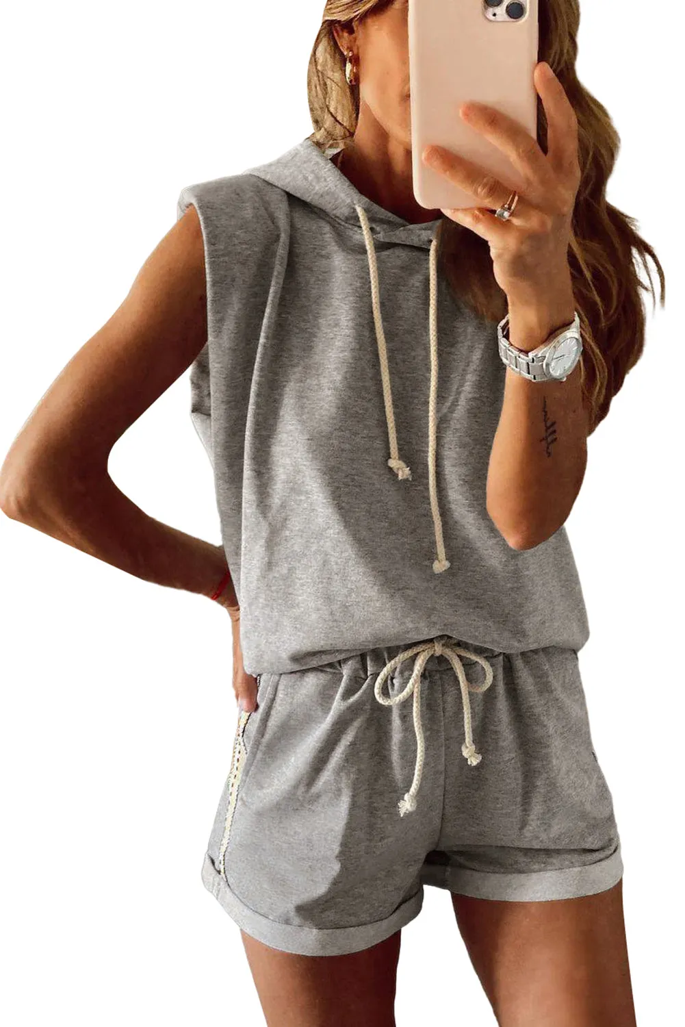 Gray Drawstring Sleeveless Hoodie and Shorts Set