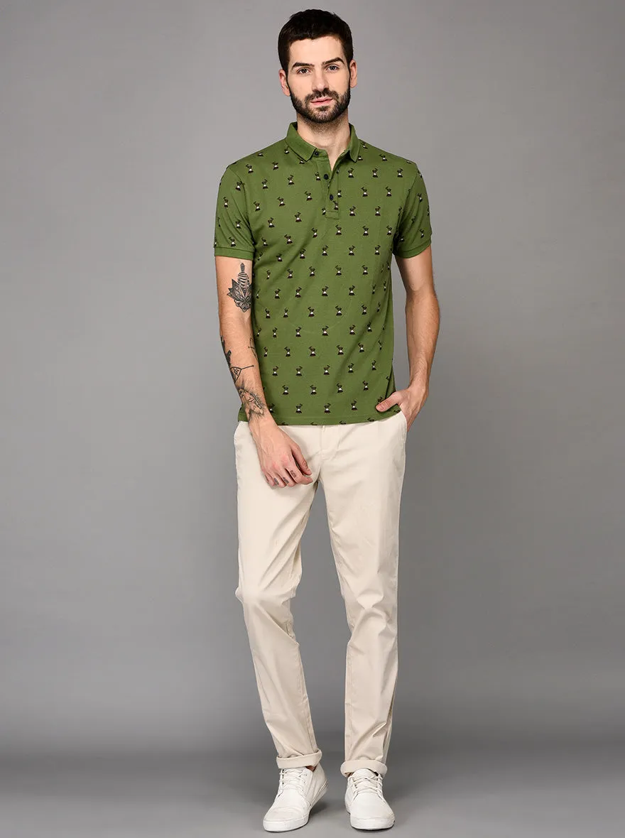 Green Printed Slim Fit Polo T-shirt | JadeBlue