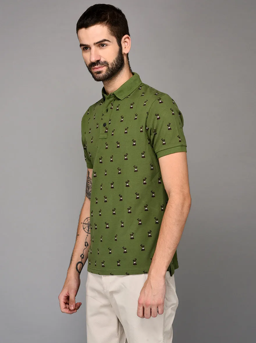 Green Printed Slim Fit Polo T-shirt | JadeBlue