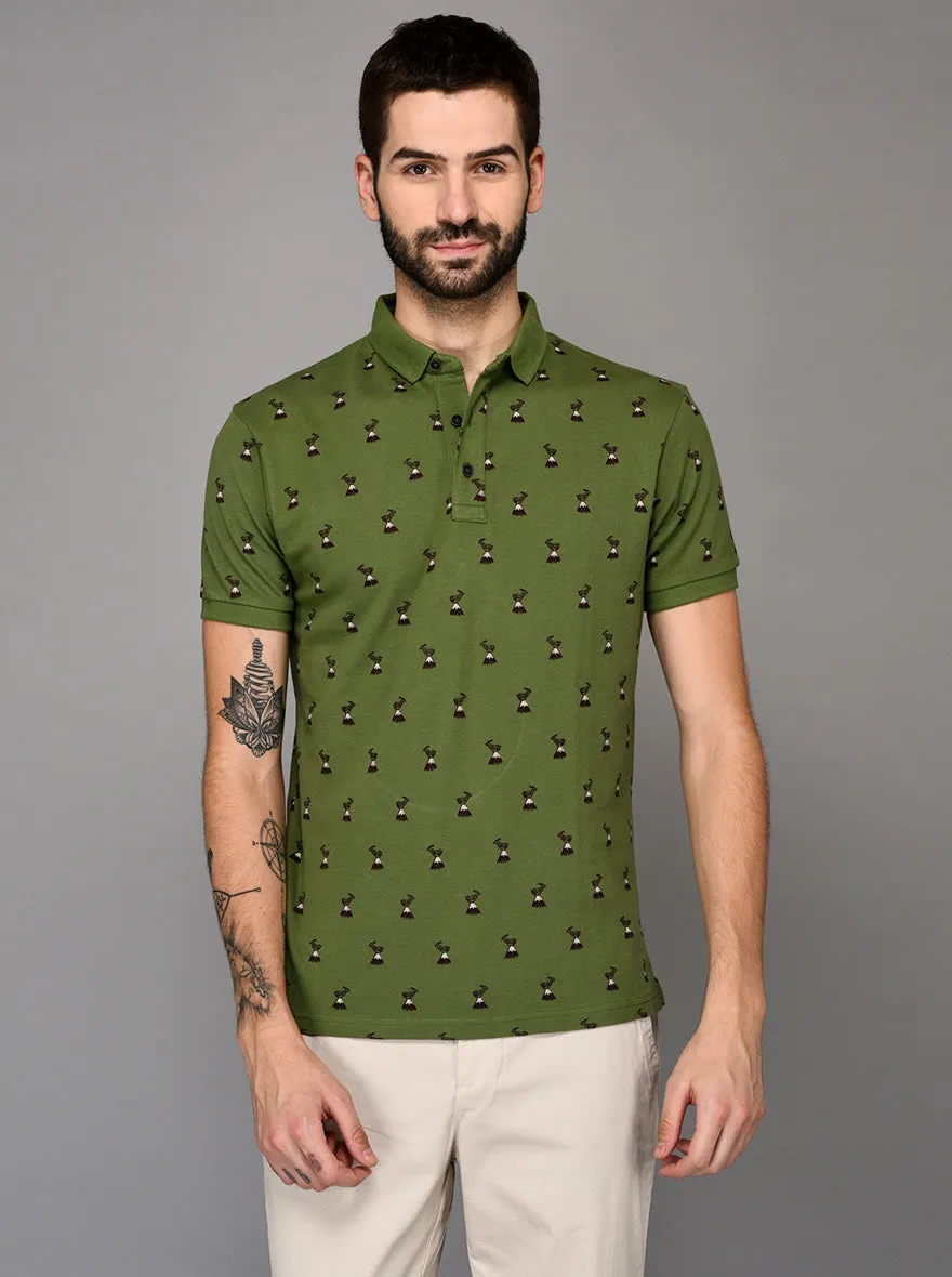 Green Printed Slim Fit Polo T-shirt | JadeBlue