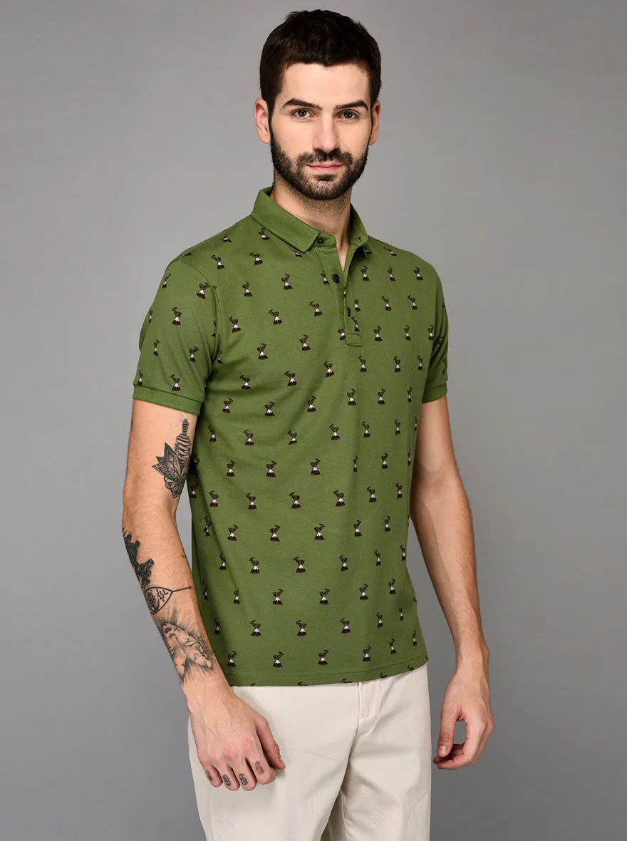 Green Printed Slim Fit Polo T-shirt | JadeBlue