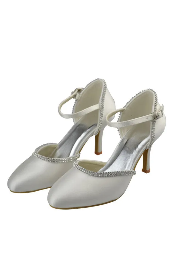 High Heel Ivory Satin Beaded Close Toe Ankle Straps Women Shoes S108