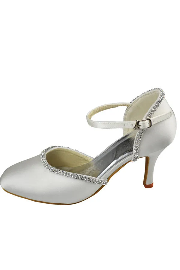 High Heel Ivory Satin Beaded Close Toe Ankle Straps Women Shoes S108