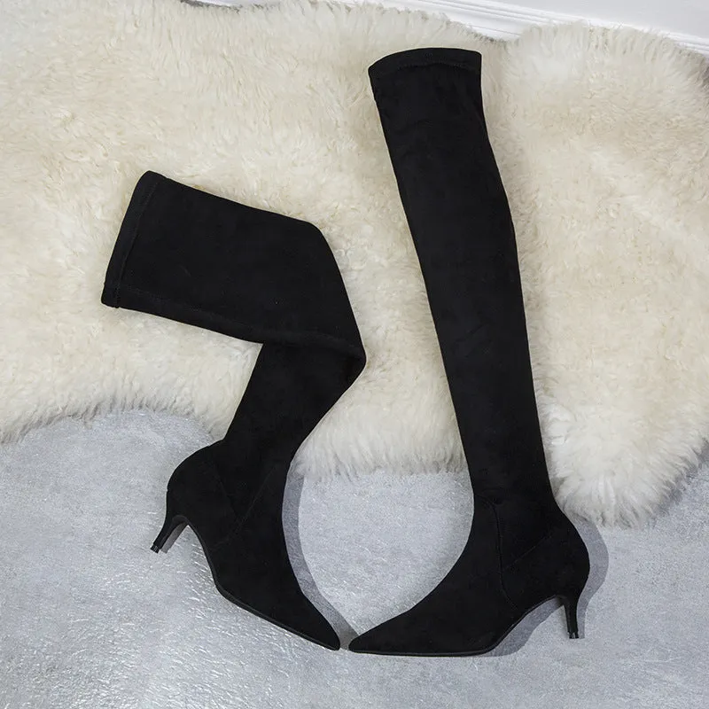 High Heel Suede Pointed Knee Boots