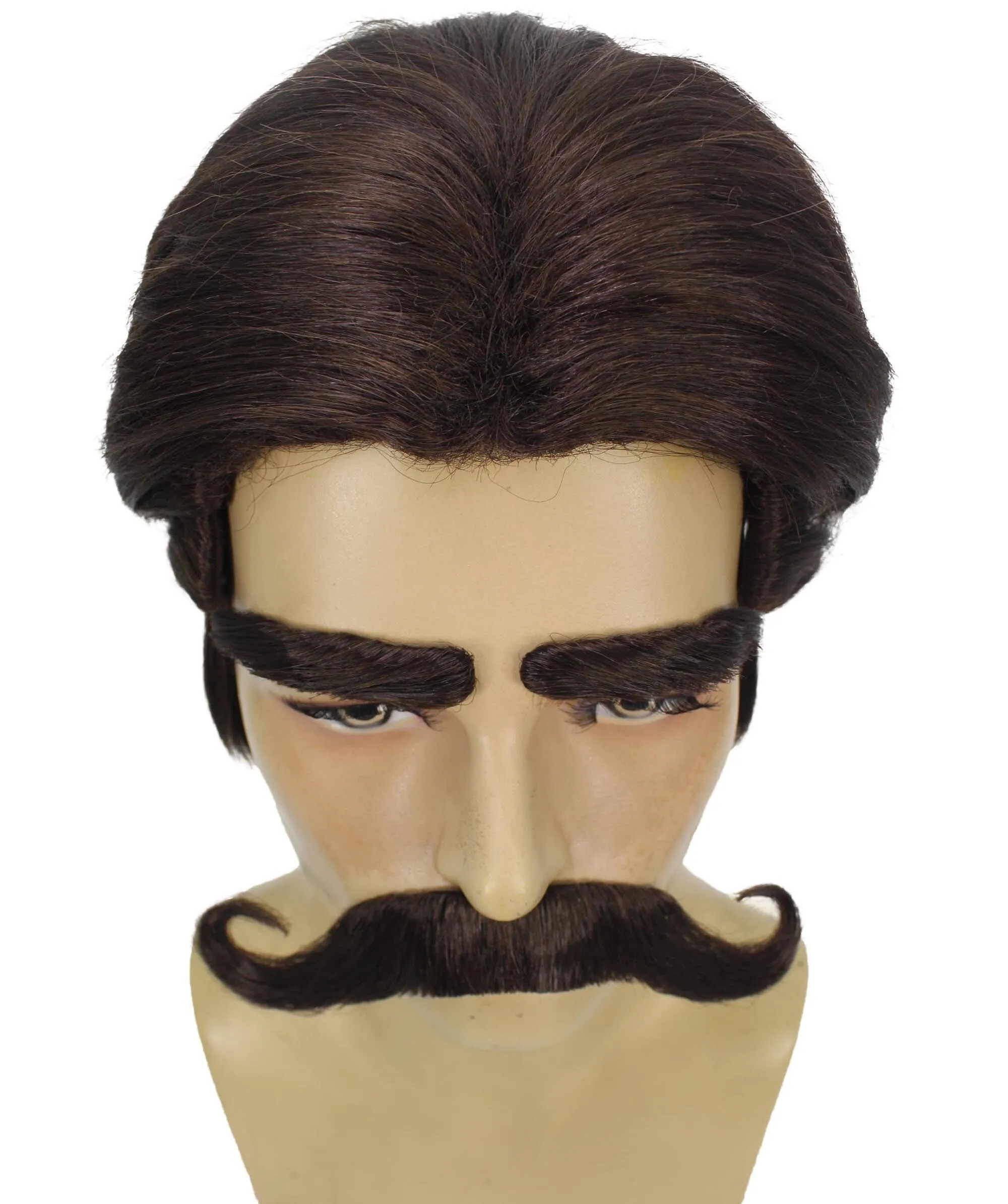 HPO Adult Men's Black Wig with Eyebrow & Mustache, Perfect for Halloween and Cosplay, Flame-retardant Synthetic Material