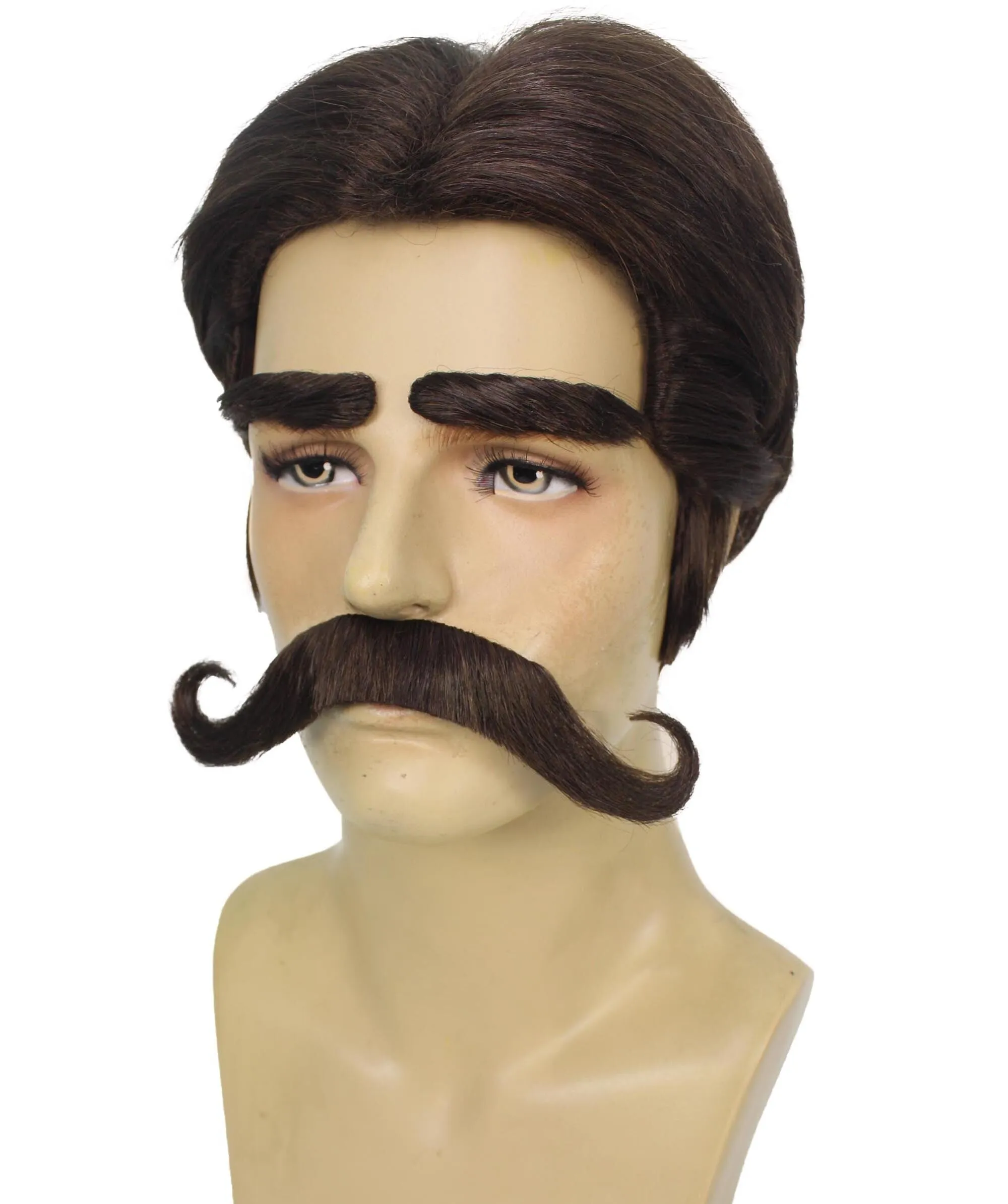 HPO Adult Men's Black Wig with Eyebrow & Mustache, Perfect for Halloween and Cosplay, Flame-retardant Synthetic Material