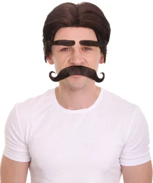 HPO Adult Men's Black Wig with Eyebrow & Mustache, Perfect for Halloween and Cosplay, Flame-retardant Synthetic Material