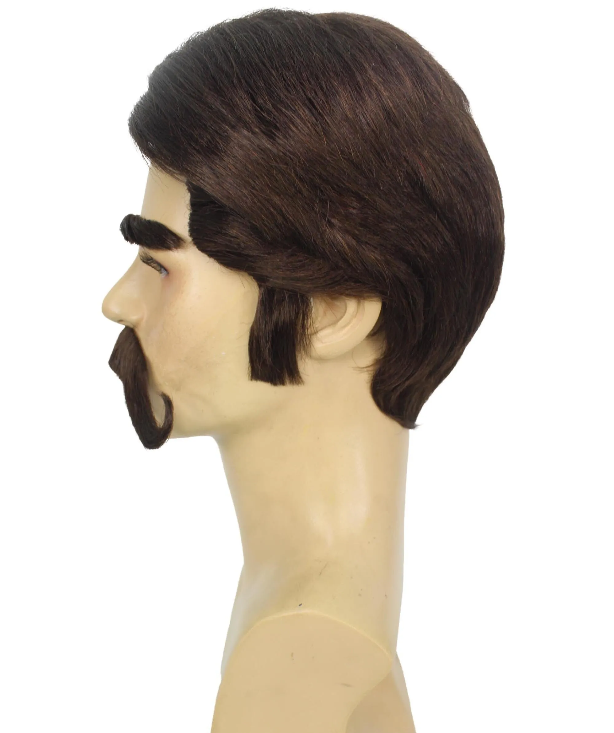 HPO Adult Men's Black Wig with Eyebrow & Mustache, Perfect for Halloween and Cosplay, Flame-retardant Synthetic Material