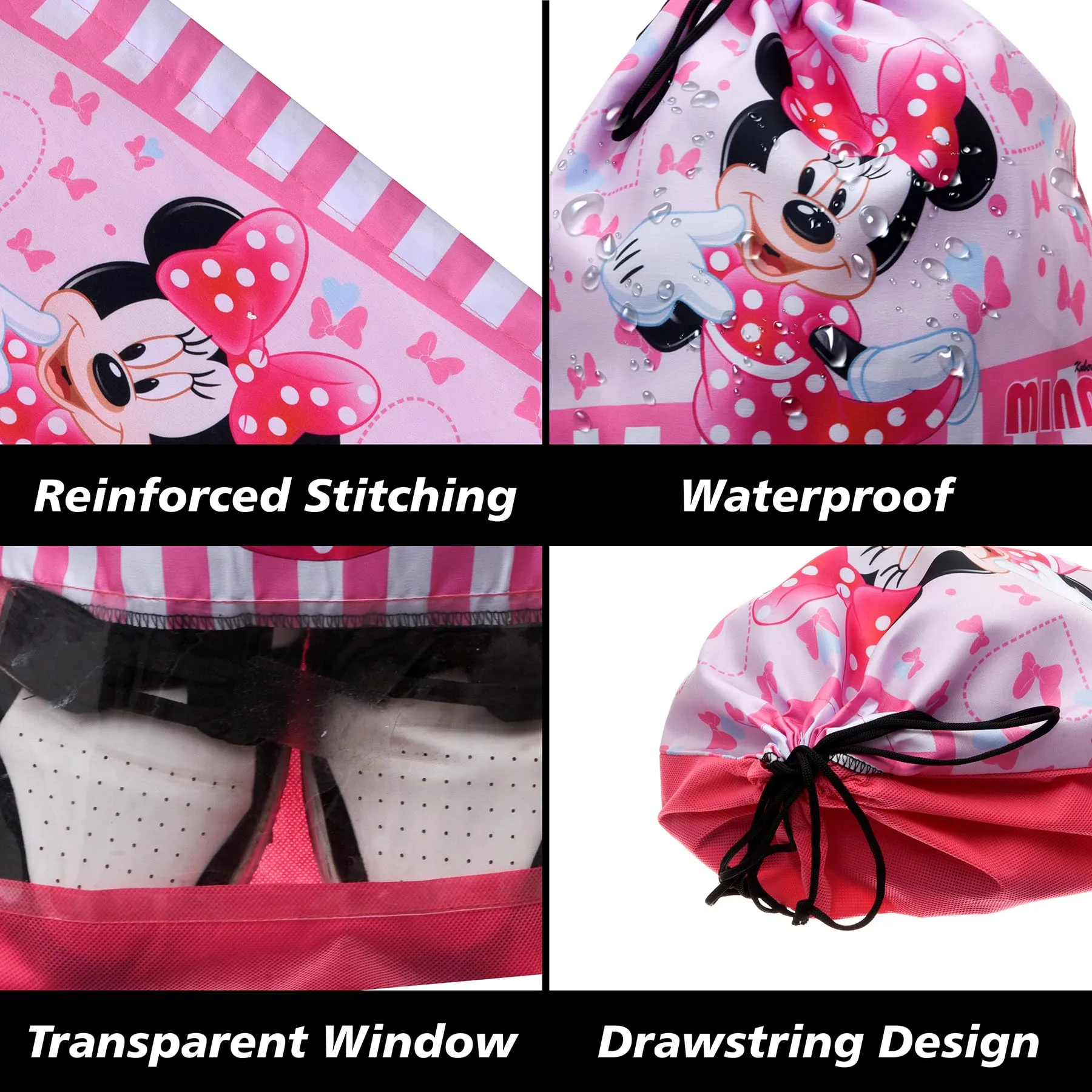 Kuber Industries Disney Minnie Shoe Cover | Travel Shoe Storage Bags | Polyester Storage Bag | Drawstring Shoe Cover | Shoe Organizer with Clear Window | Pack of 12 | Pink