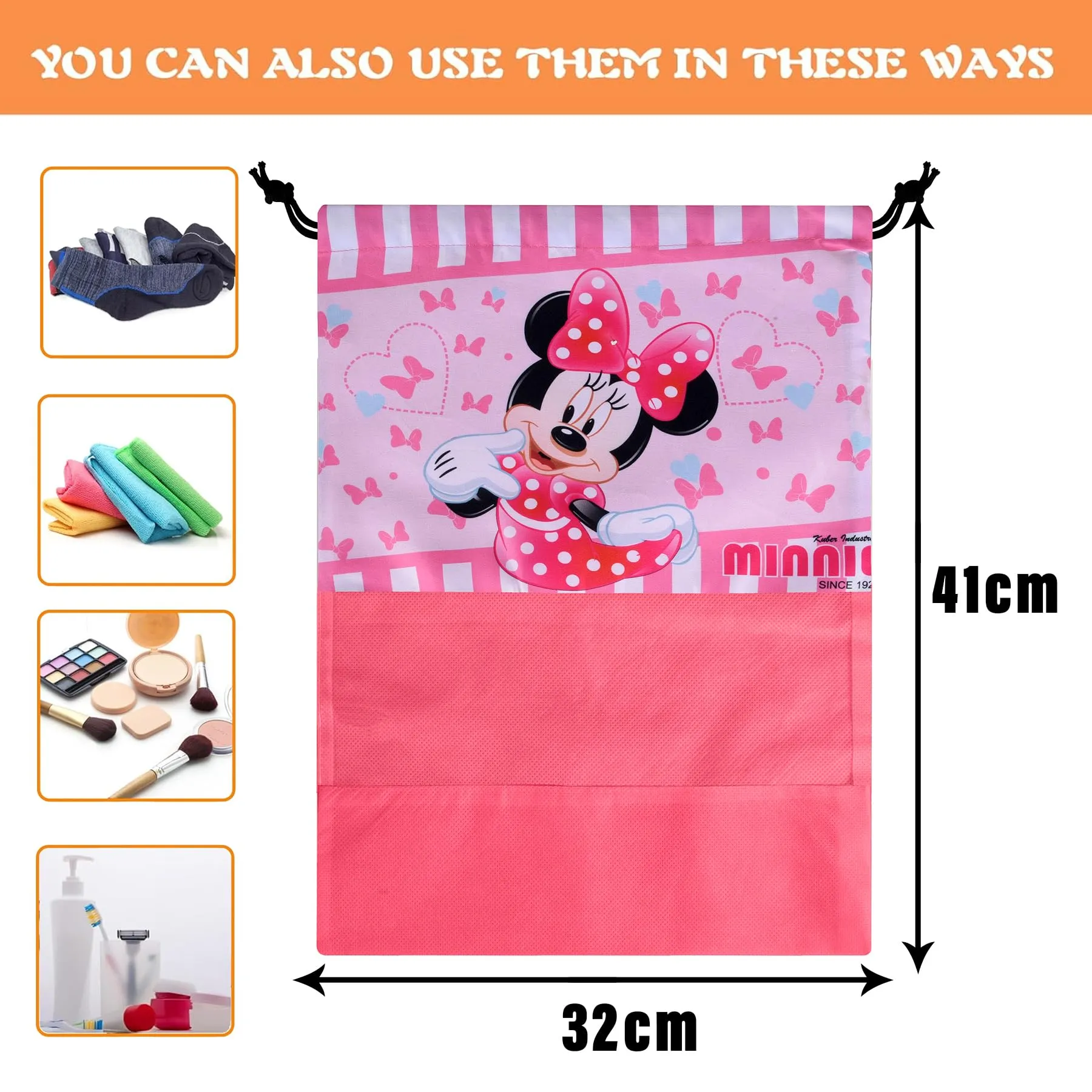 Kuber Industries Disney Minnie Shoe Cover | Travel Shoe Storage Bags | Polyester Storage Bag | Drawstring Shoe Cover | Shoe Organizer with Clear Window | Pack of 12 | Pink