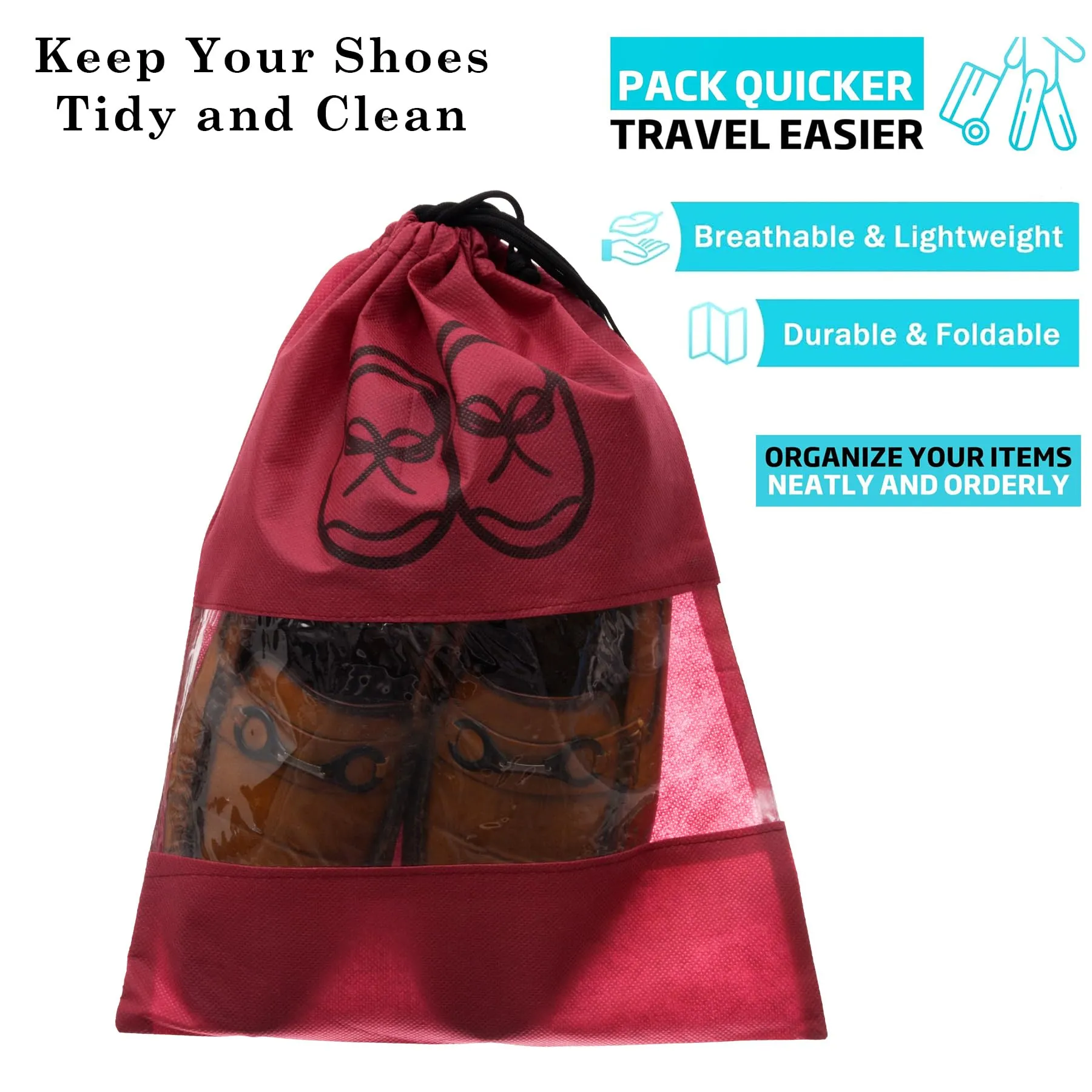 Kuber Industries Shoe Cover | Travel Shoe Storage Bags | Non-Woven Storage Bag | Shoe Cover with Drawstring | Shoe Organizer with Clear Window | Plain | Pack of 12 | Maroon