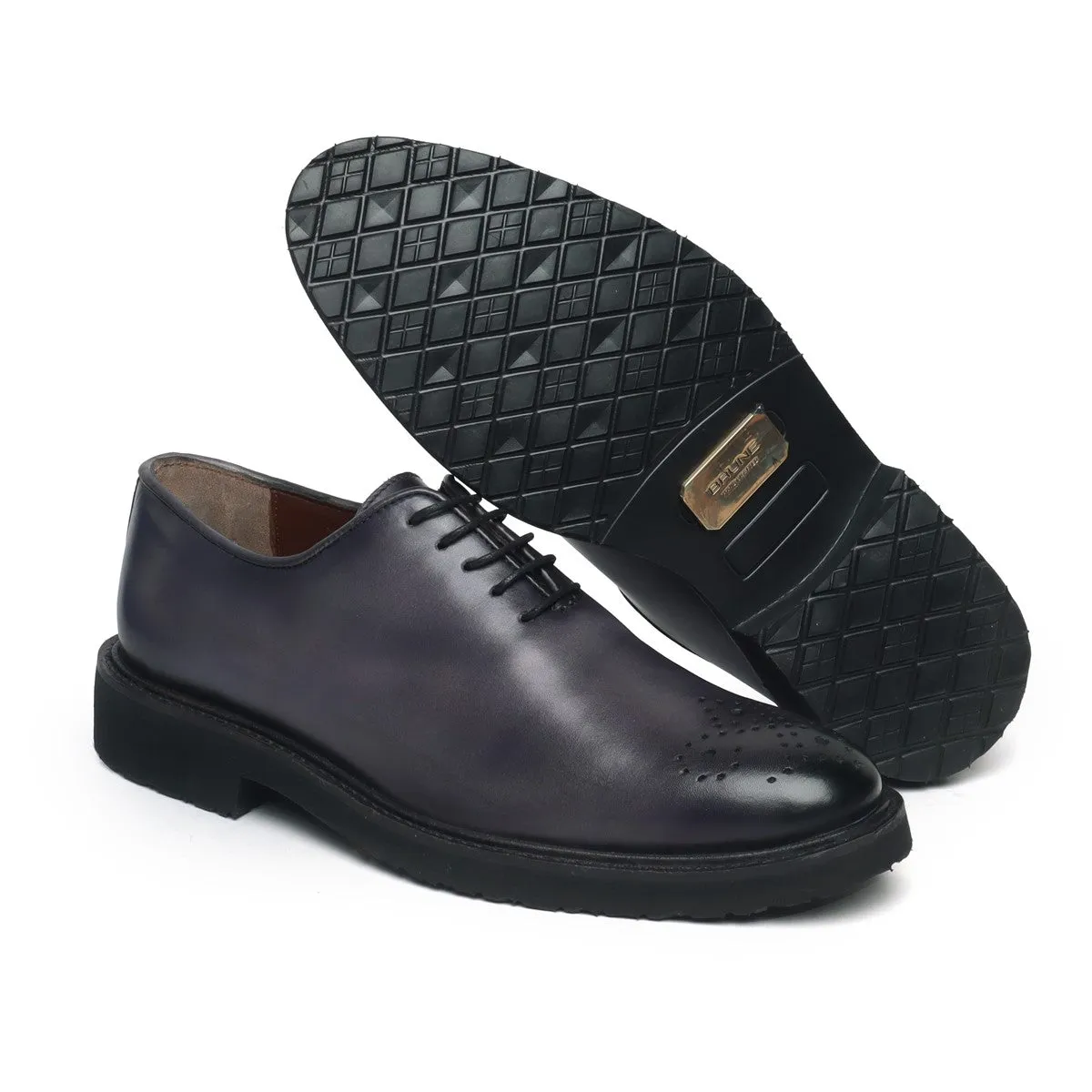 Lightweight Oxford Shoes Grey Leather Whole Cut/One Piece Medallion Toe By Brune & Bareskin