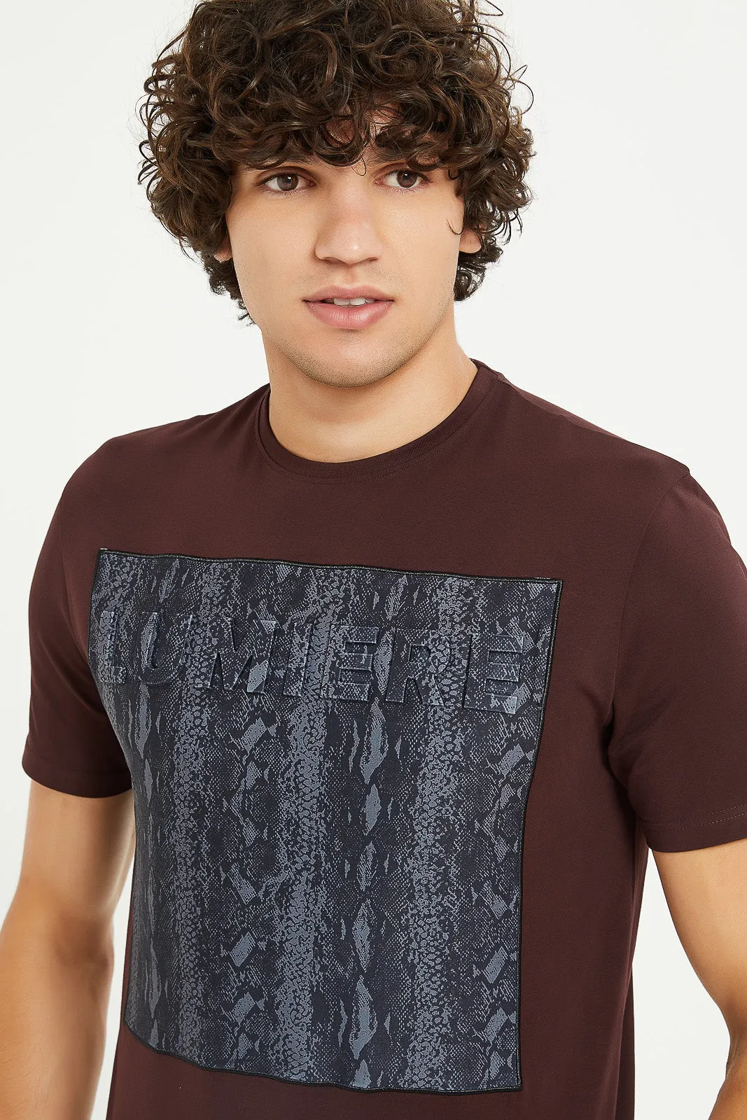 Men Burgundy Python Embossed Stretch T-Shirt