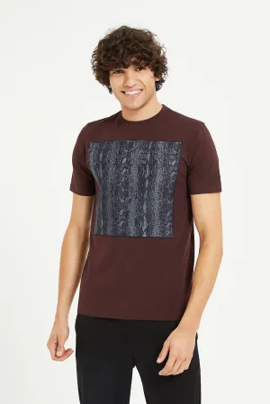 Men Burgundy Python Embossed Stretch T-Shirt