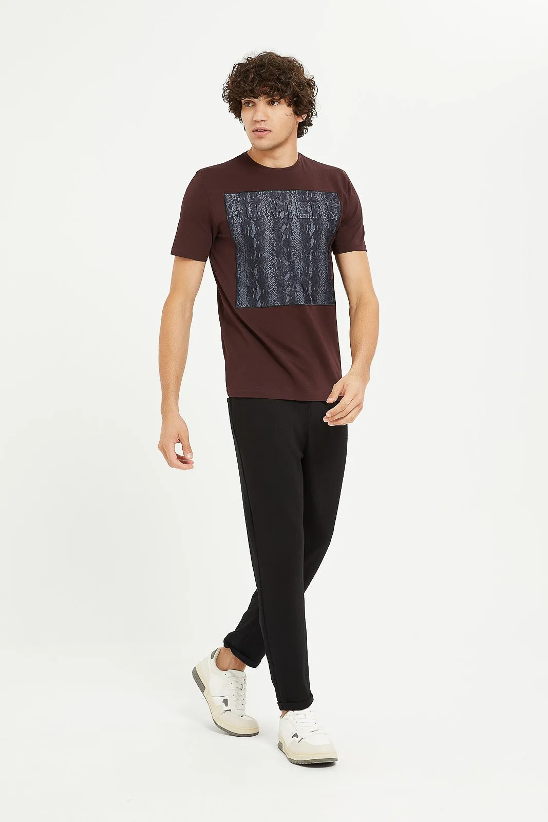 Men Burgundy Python Embossed Stretch T-Shirt