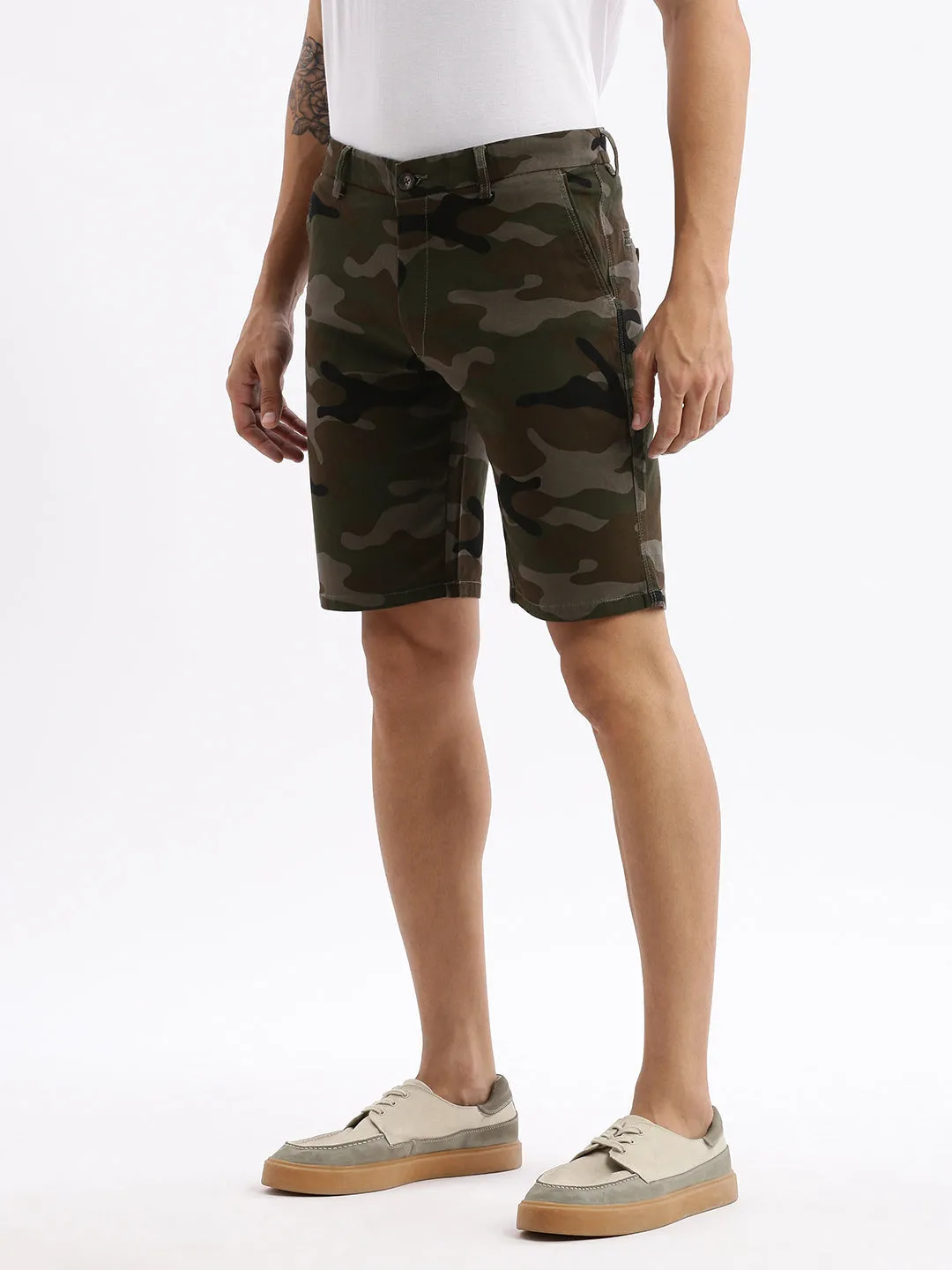 Men Camouflage Green Cotton Shorts