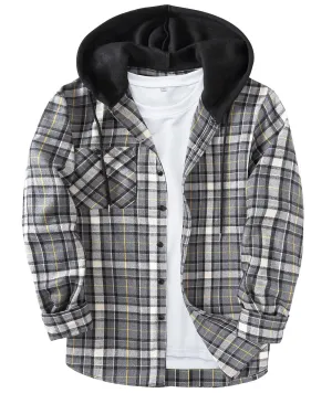 Men's Button Up Plaid Flannel Hoodie-CUMLT01039