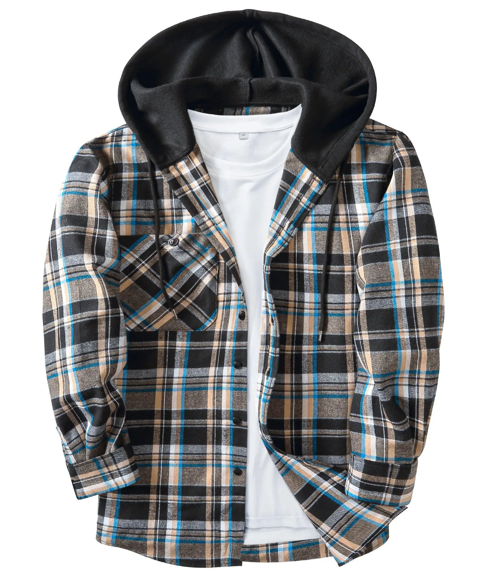 Men's Button Up Plaid Flannel Hoodie-CUMLT01039