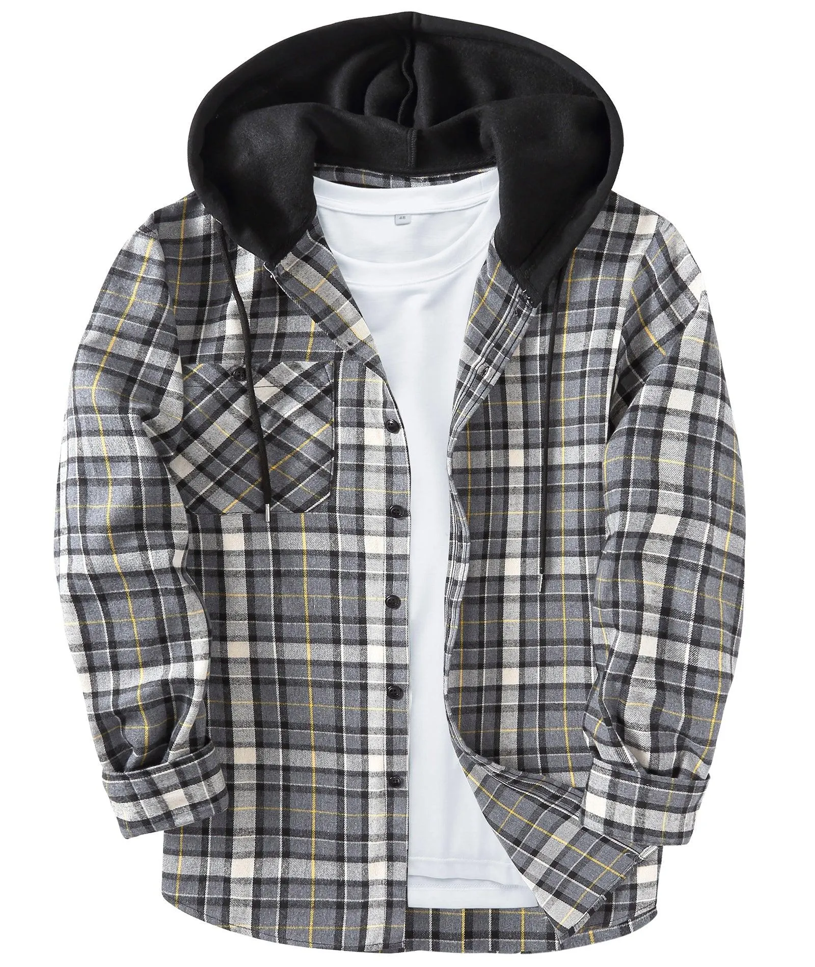 Men's Button Up Plaid Flannel Hoodie-CUMLT01039