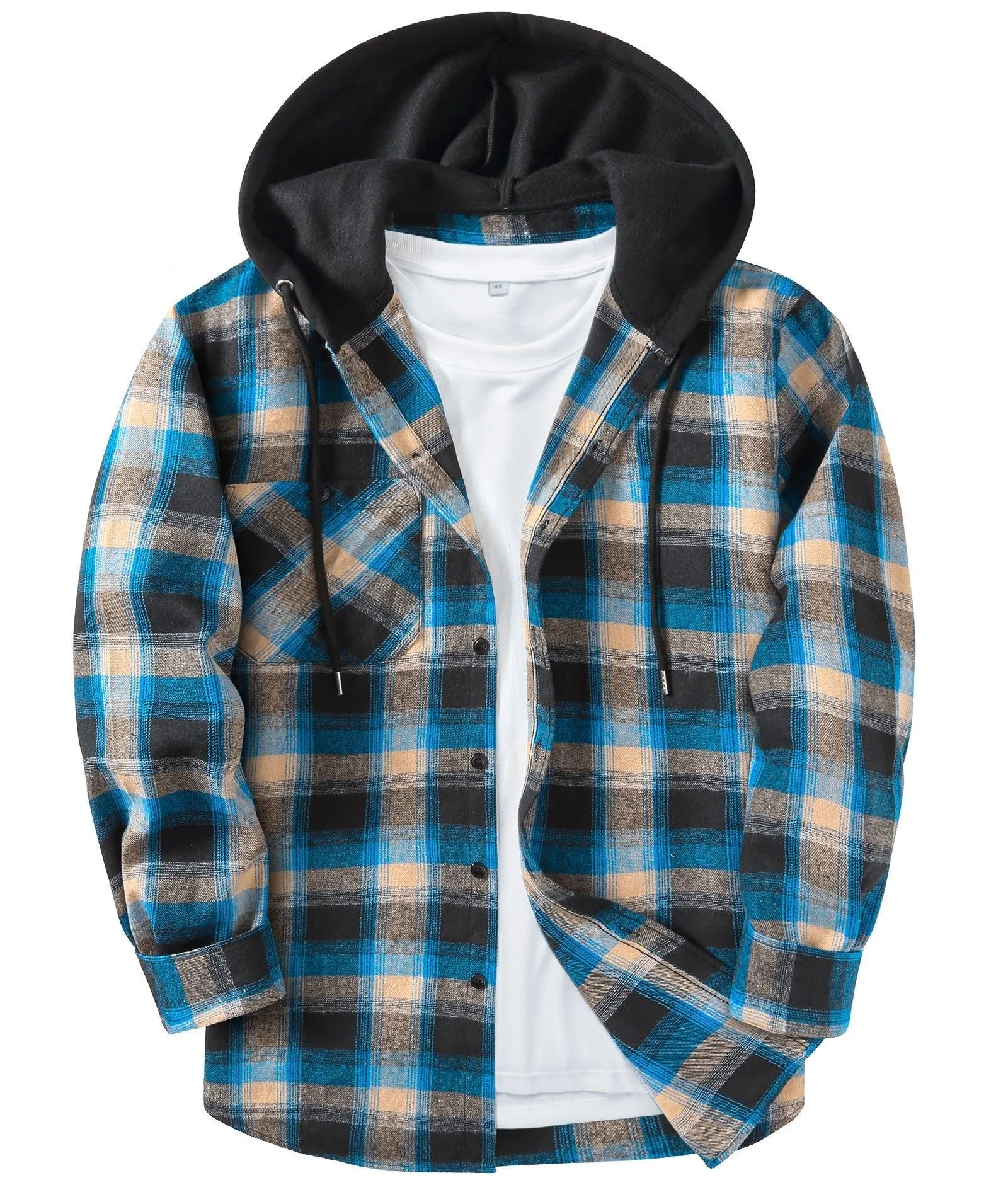 Men's Button Up Plaid Flannel Hoodie-CUMLT01039