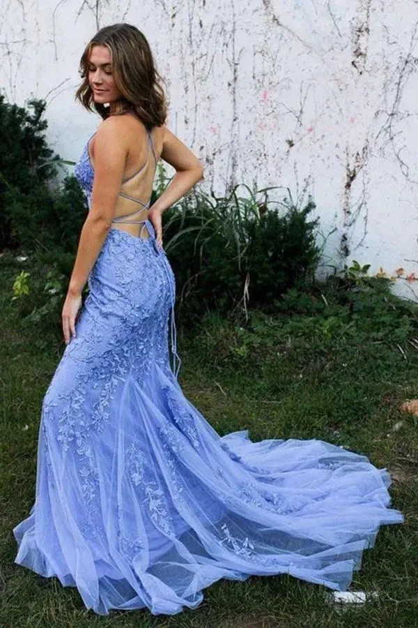 Mermaid Backless Blue Lace Long Prom Dresses Formal Dresses PSK424