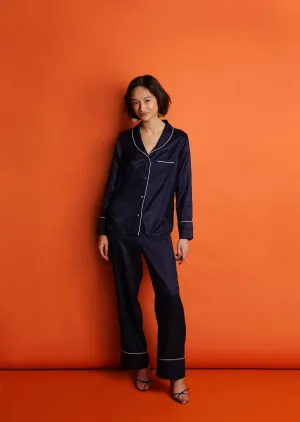 Mulberry Silk Pyjamas - Midnight Navy with Ivory Piping