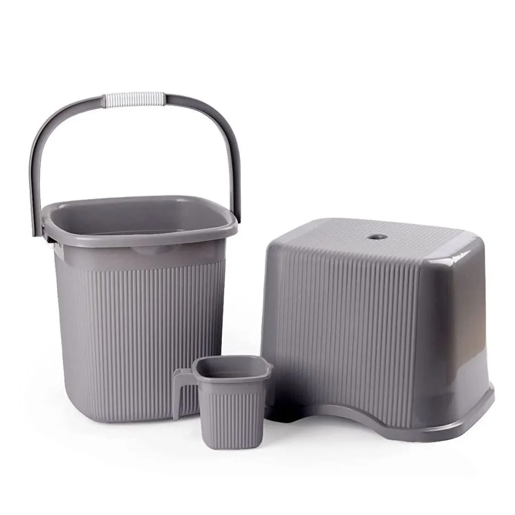 NAYASA Grey Rimmy Bucket(25L),Mug & Stool Set - 3-Piece for Bathroom